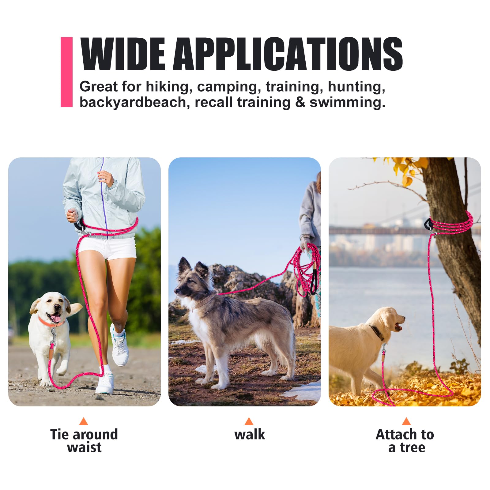 Lynxking Reflective Long Dog Leash 50ft - Heavy Duty Check Cord with Padded Handle for Large Dogs (Pink)