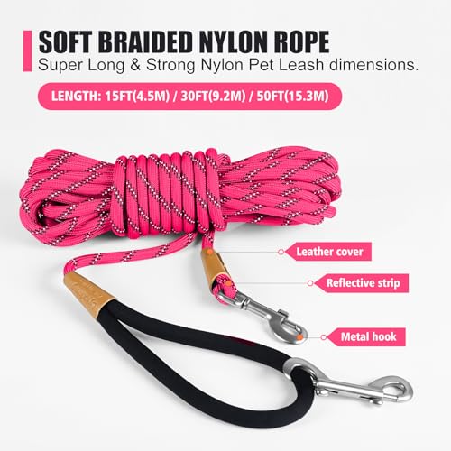 Lynxking Reflective Long Dog Leash 50ft - Heavy Duty Check Cord with Padded Handle for Large Dogs (Pink)