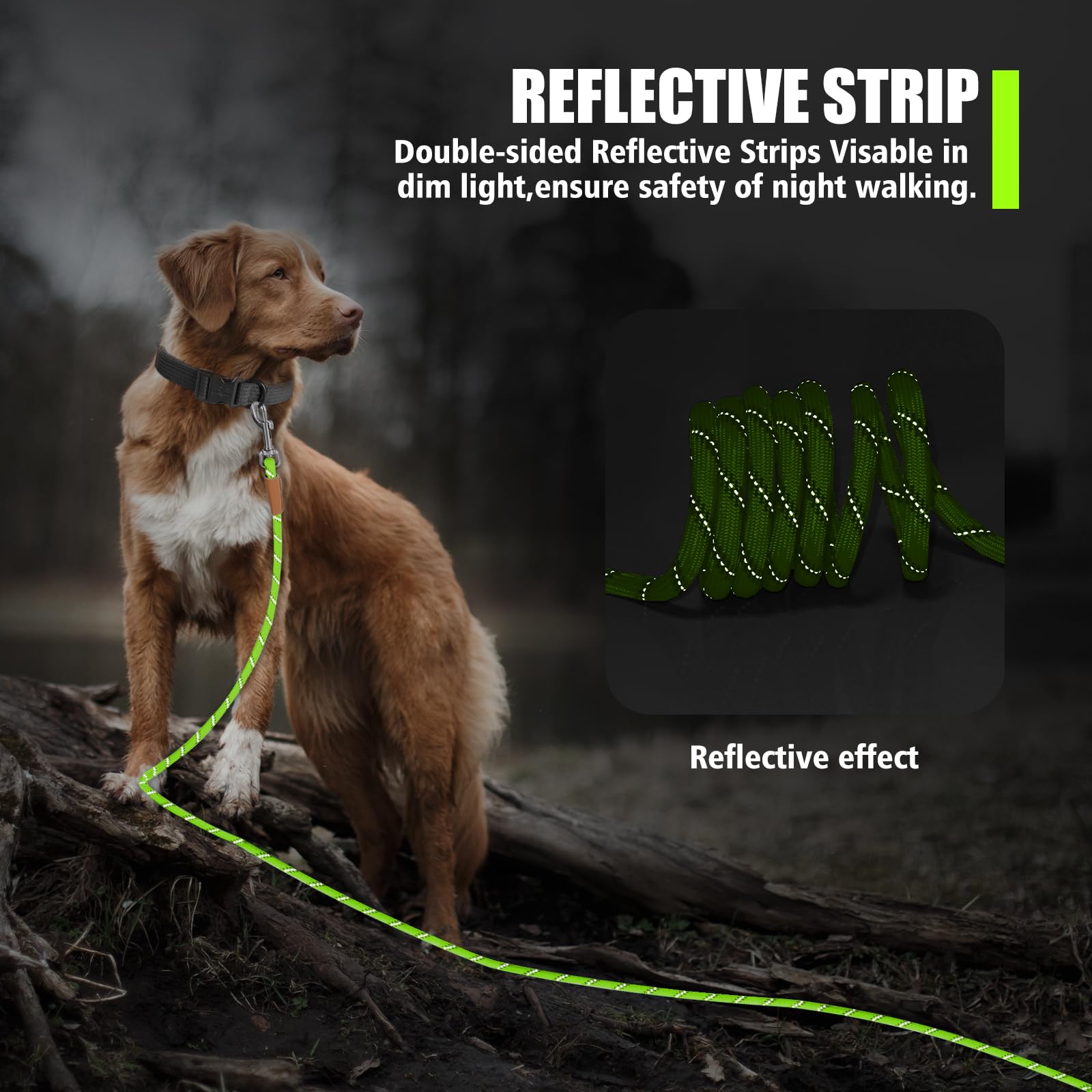 Lynxking Reflective Long Dog Leash 50ft x 3/8in - Heavy Duty Check Cord with Padded Handle for Training and Night Walks