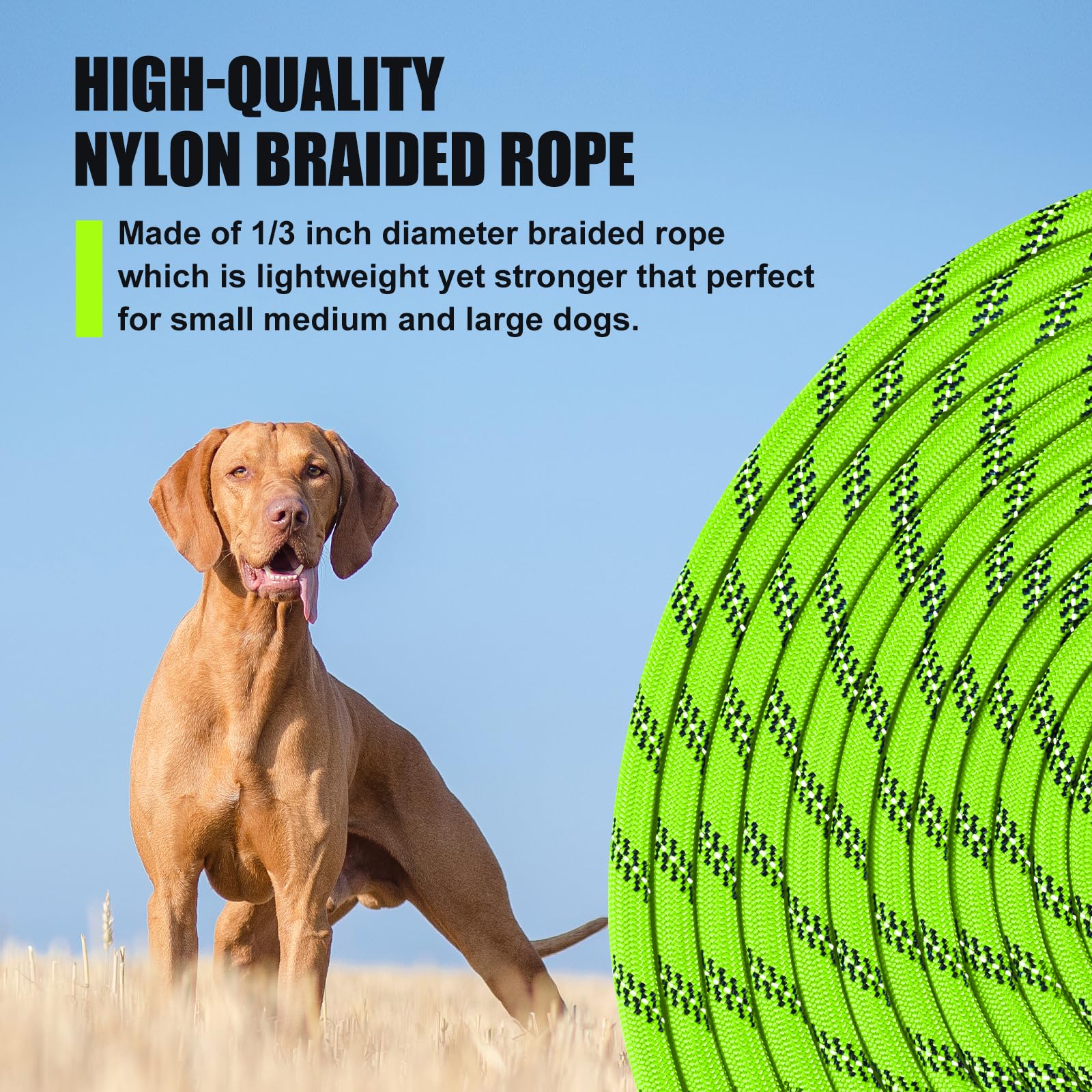 Lynxking Reflective Long Dog Leash 50ft x 3/8in - Heavy Duty Check Cord with Padded Handle for Training and Night Walks