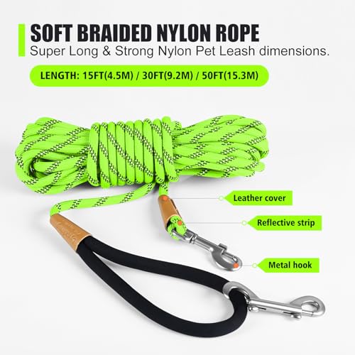 Lynxking Reflective Long Dog Leash 50ft x 3/8in - Heavy Duty Check Cord with Padded Handle for Training and Night Walks