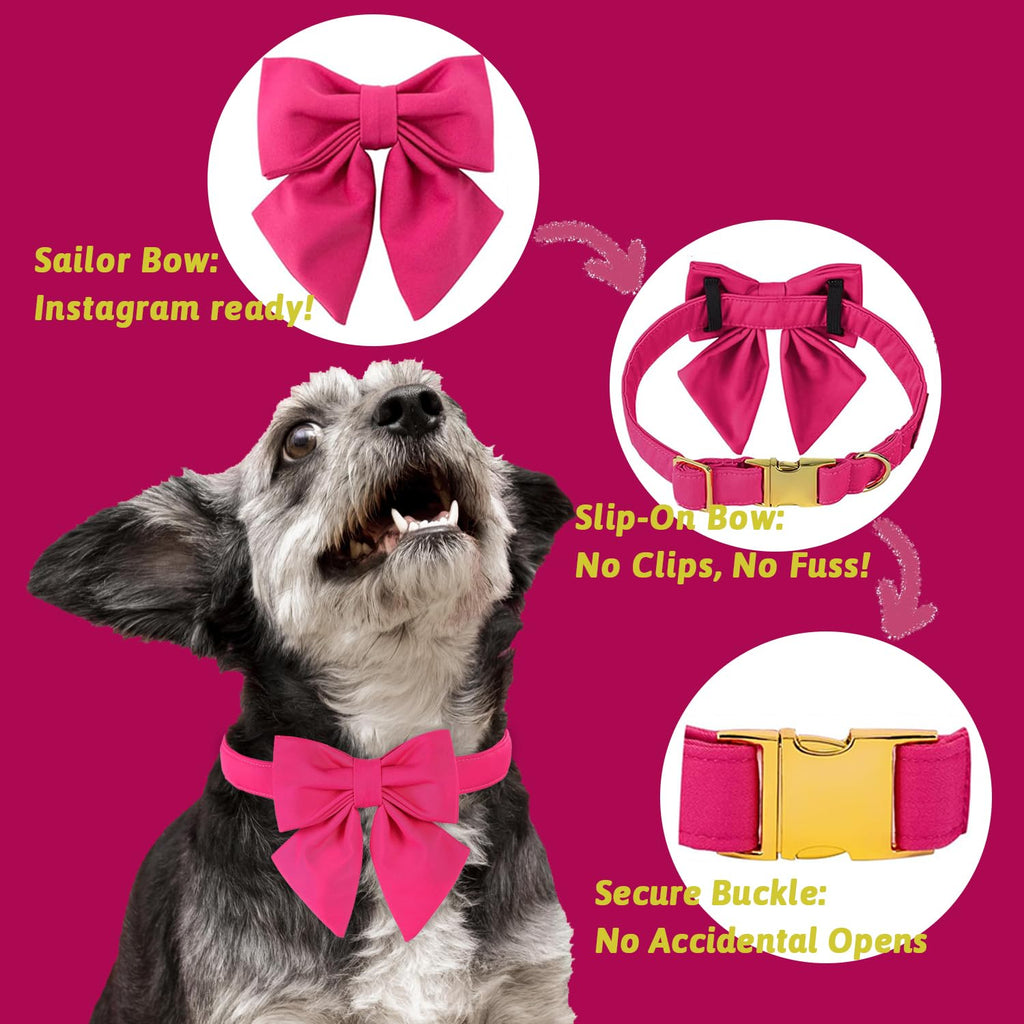 Maca Bates Hot Pink Dog Collar with Rose Red Sailor Bow Tie – Adjustable Breakaway Soft Collar for Small Dogs, Metal Buckle