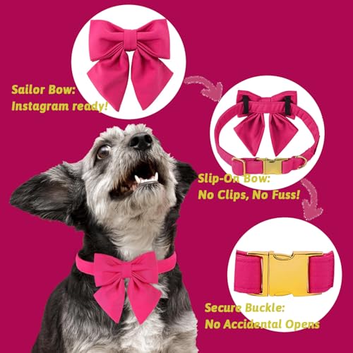 Maca Bates Hot Pink Dog Collar with Rose Red Sailor Bow Tie – Adjustable Breakaway Soft Collar for Small Dogs, Metal Buckle