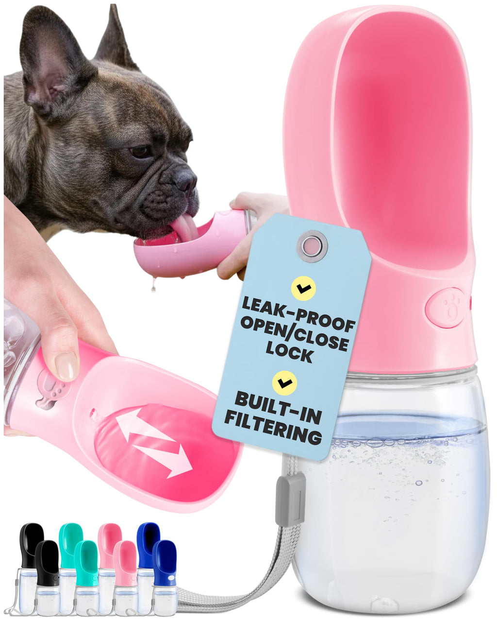 MalsiPree On the Go Dog Water Bottle - 12 oz Pink Leak-Proof with Built-in Bowl for Travel