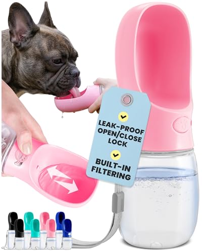 MalsiPree On the Go Dog Water Bottle - 12 oz Pink Leak-Proof with Built-in Bowl for Travel