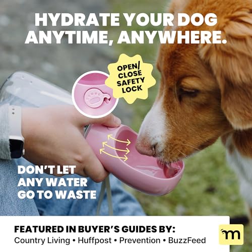 MalsiPree On the Go Dog Water Bottle - 12 oz Pink Leak-Proof with Built-in Bowl for Travel