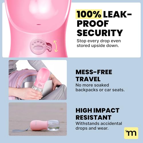 MalsiPree On the Go Dog Water Bottle - 12 oz Pink Leak-Proof with Built-in Bowl for Travel