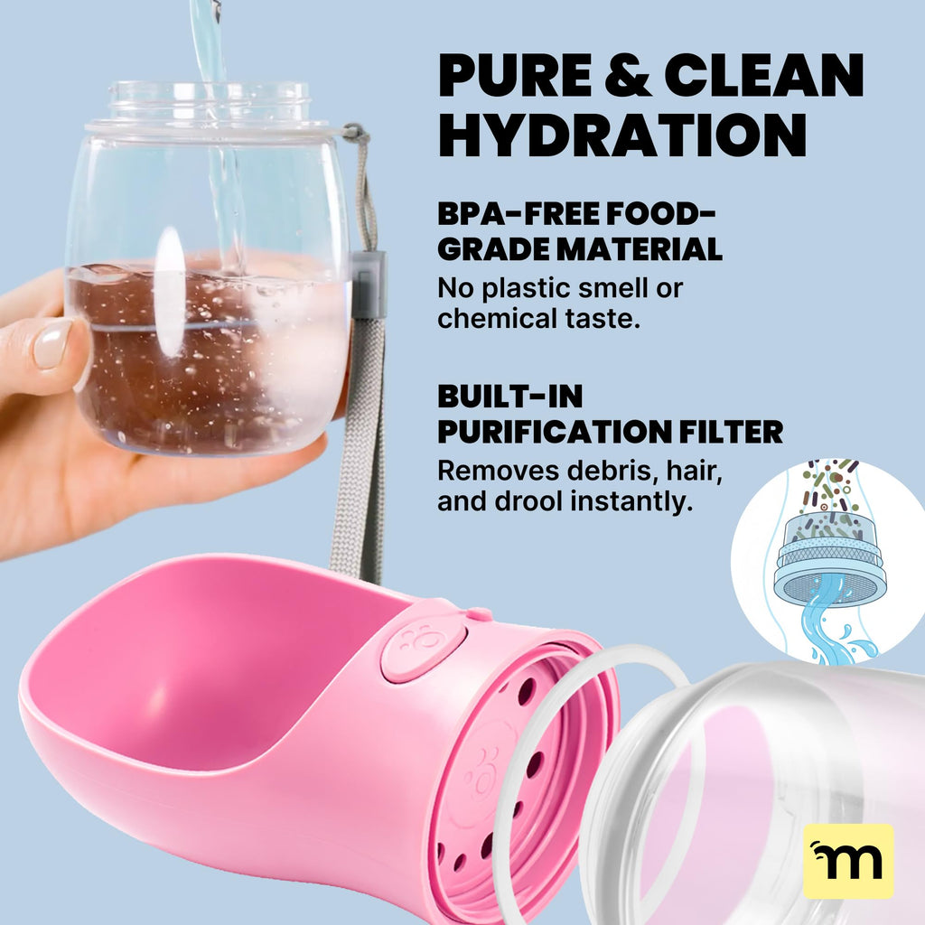 MalsiPree On the Go Dog Water Bottle - 12 oz Pink Leak-Proof with Built-in Bowl for Travel