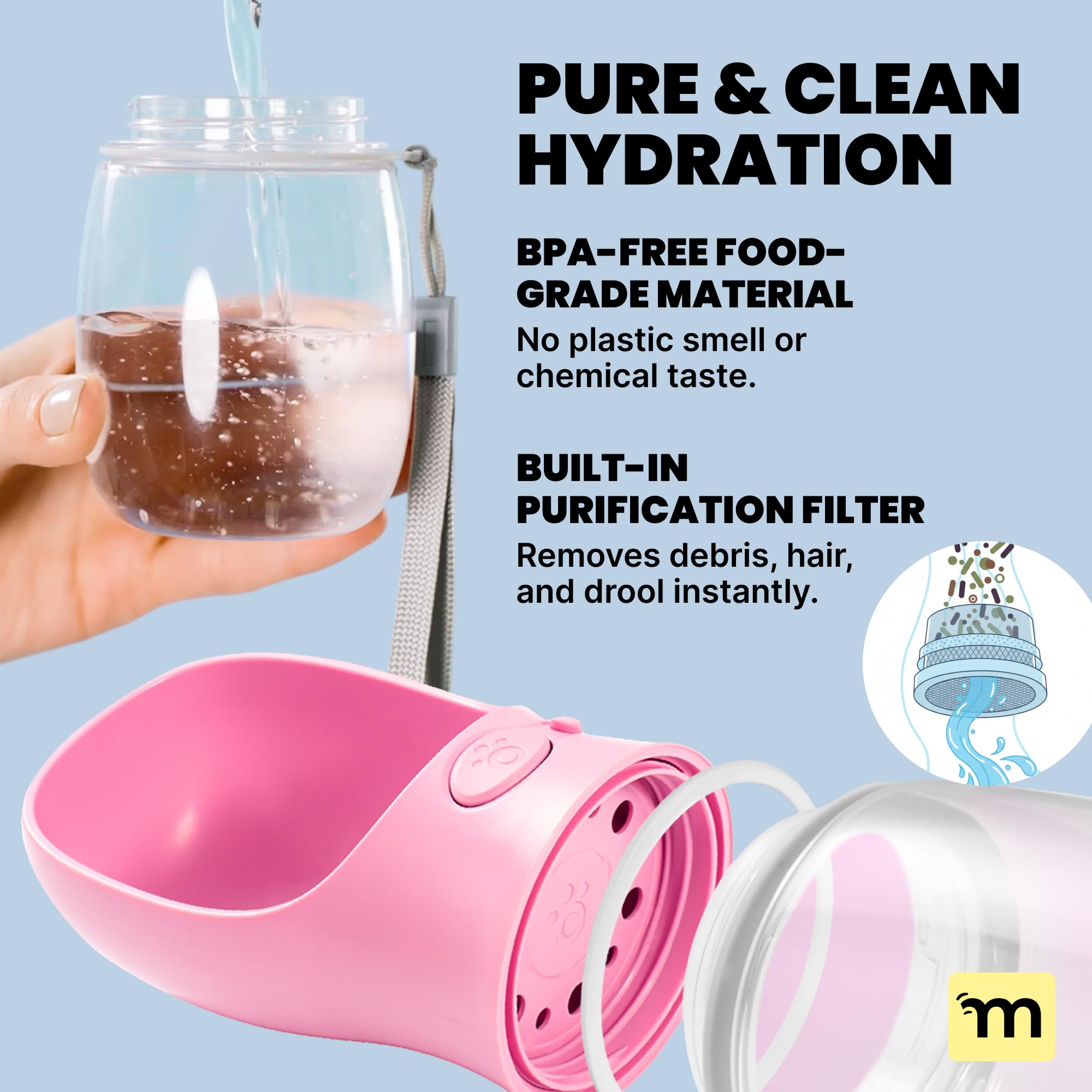 MalsiPree On the Go Dog Water Bottle - 12 oz Pink Leak-Proof with Built-in Bowl for Travel