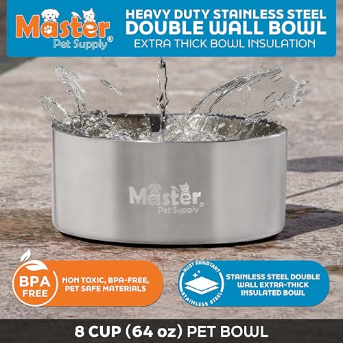 Master Pet Supply 64 oz Stainless Steel Dog Bowl – Insulated, Non-Slip, Dishwasher Safe