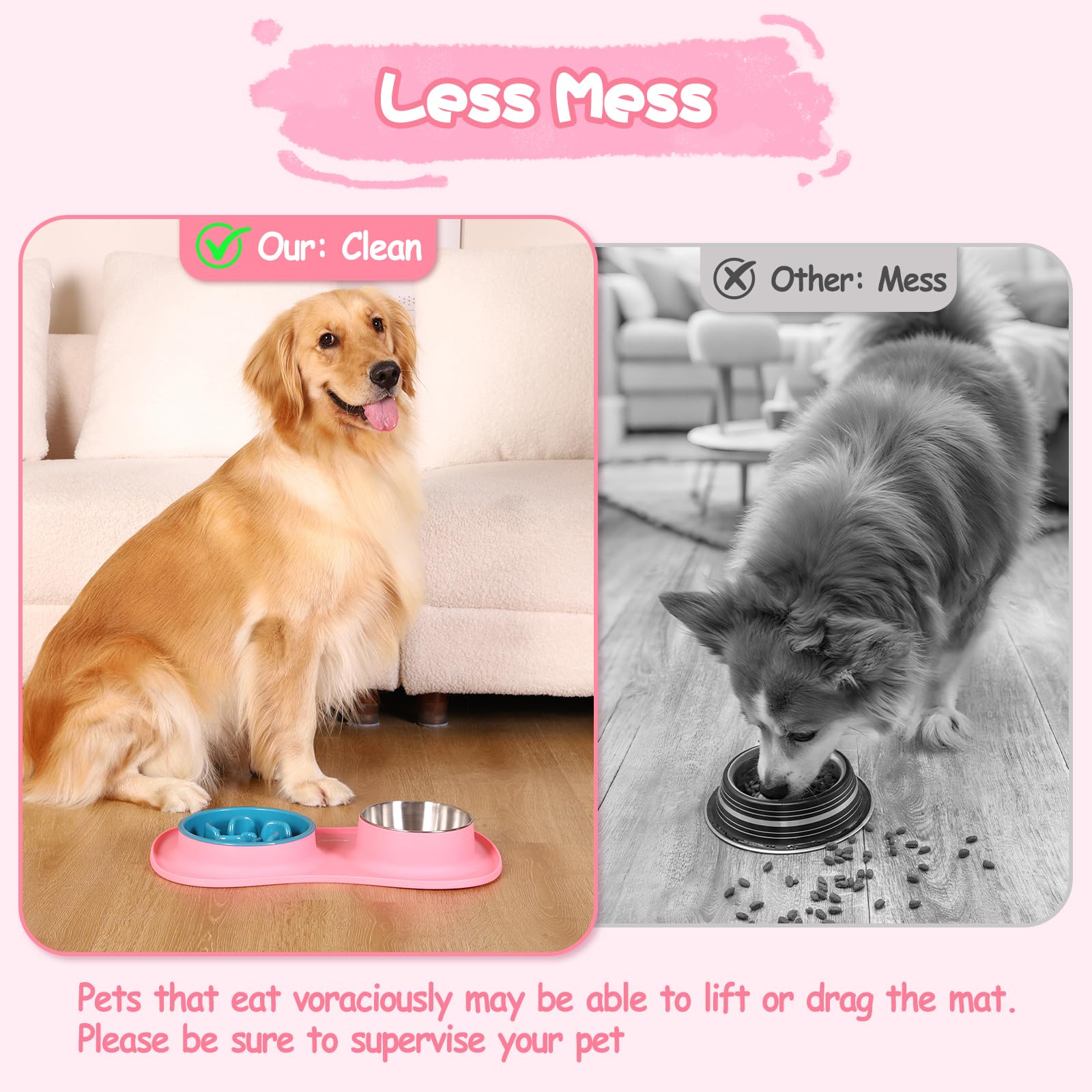 MateeyLife 3-in-1 Dog Bowl Set - Slow Feeder, Stainless Steel Bowl, Non-Spill Silicone Mat for Small to Medium Dogs and Cats