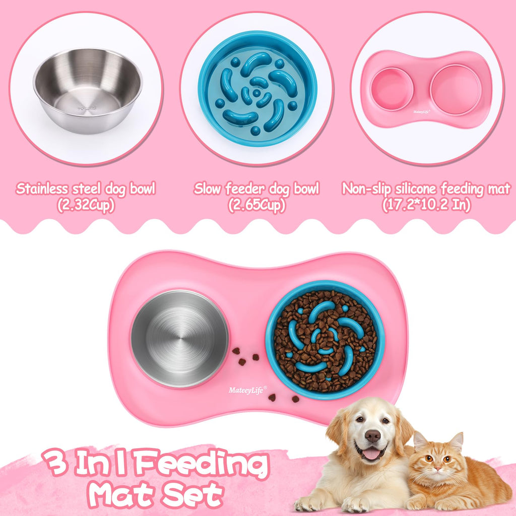 MateeyLife 3-in-1 Dog Bowl Set - Slow Feeder, Stainless Steel Bowl, Non-Spill Silicone Mat for Small to Medium Dogs and Cats