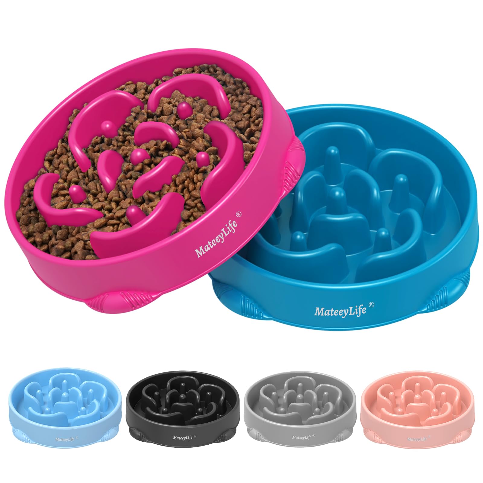 MateeyLife Large Slow Feeder Dog Bowls (2-Pack) – Anti-Choking Maze Design, Non-Slip Base, 4 Cups Capacity, Purple & Dark Blue