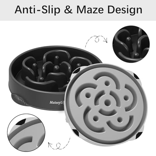 MateeyLife Large Slow Feeder Dog Bowls 2-Pack – Maze Puzzle Bowls for Large Breeds, 4 Cup Capacity, Gray & Black