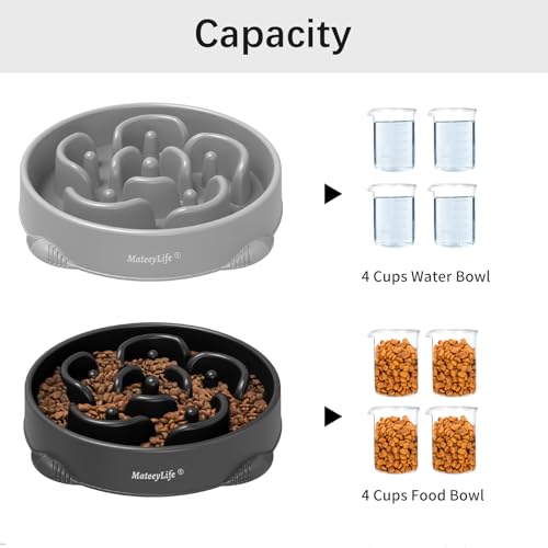 MateeyLife Large Slow Feeder Dog Bowls 2-Pack – Maze Puzzle Bowls for Large Breeds, 4 Cup Capacity, Gray & Black