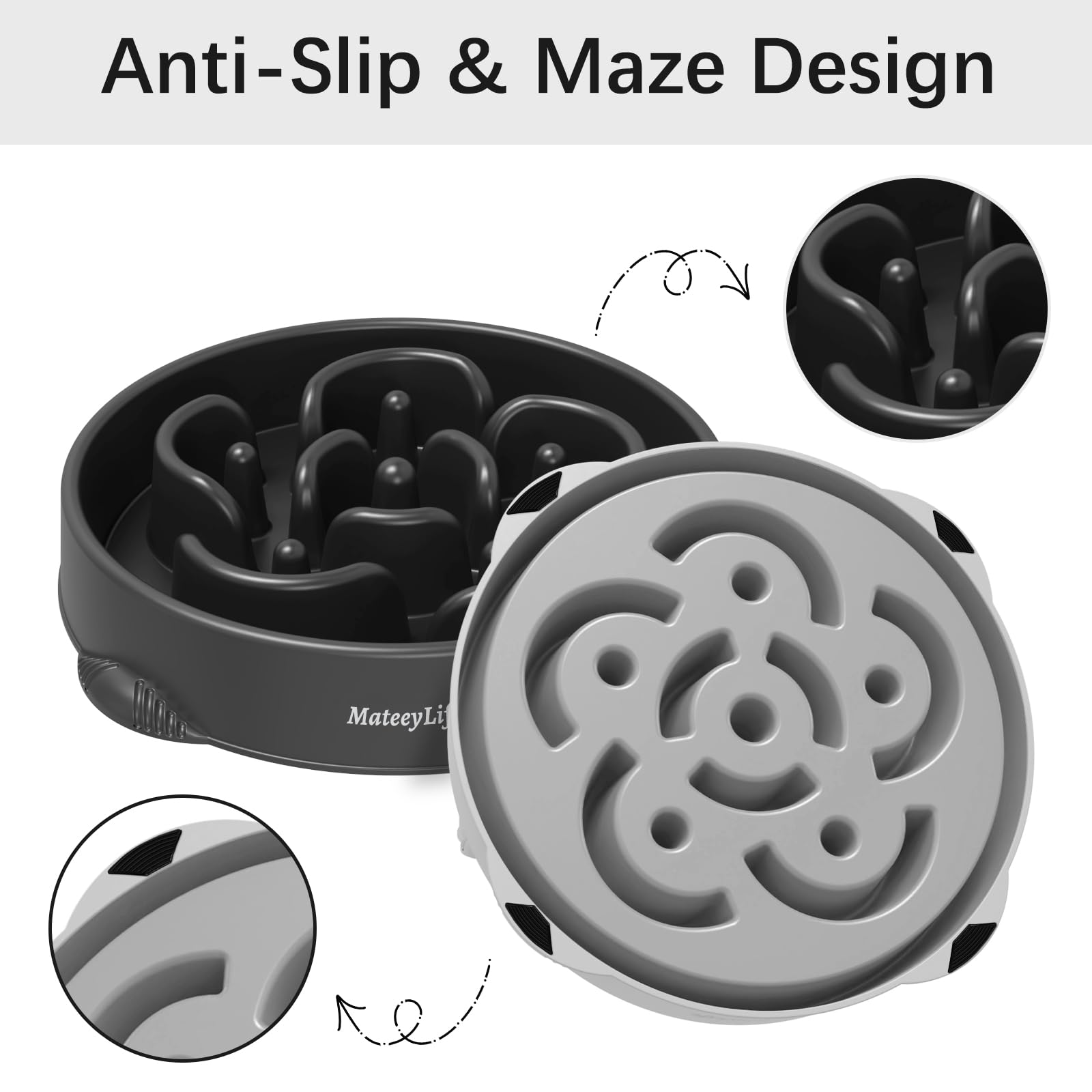 MateeyLife Large Slow Feeder Dog Bowls 2-Pack – Maze Puzzle Bowls for Large Breeds, 4 Cup Capacity, Gray & Black