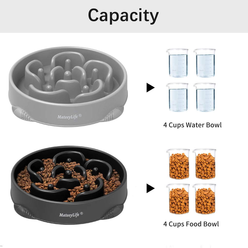 MateeyLife Large Slow Feeder Dog Bowls 2-Pack – Maze Puzzle Bowls for Large Breeds, 4 Cup Capacity, Gray & Black