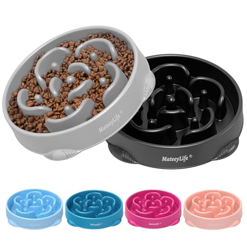 MateeyLife Large Slow Feeder Dog Bowls 2-Pack – Maze Puzzle Bowls for Large Breeds, 4 Cup Capacity, Gray & Black
