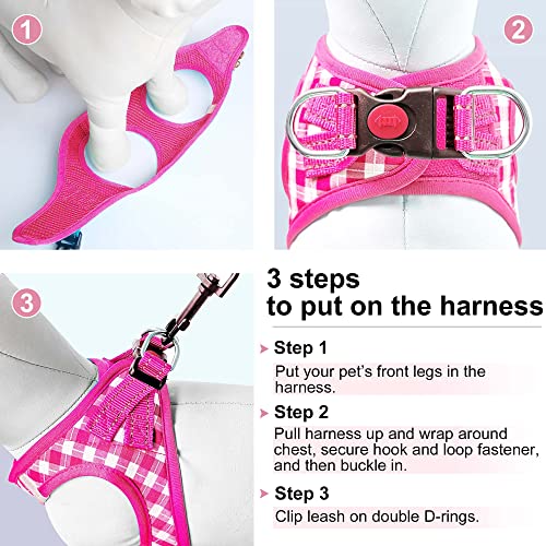 Matilor Step-in Dog Harness – Breathable Air Mesh Vest for Small Medium Dogs with Leash, Pink Checkered