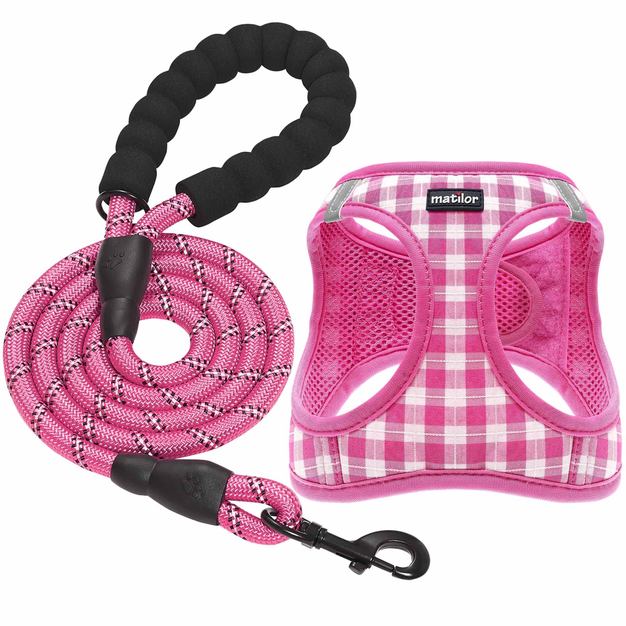 Matilor Step-in Dog Harness – Breathable Air Mesh Vest for Small Medium Dogs with Leash, Pink Checkered