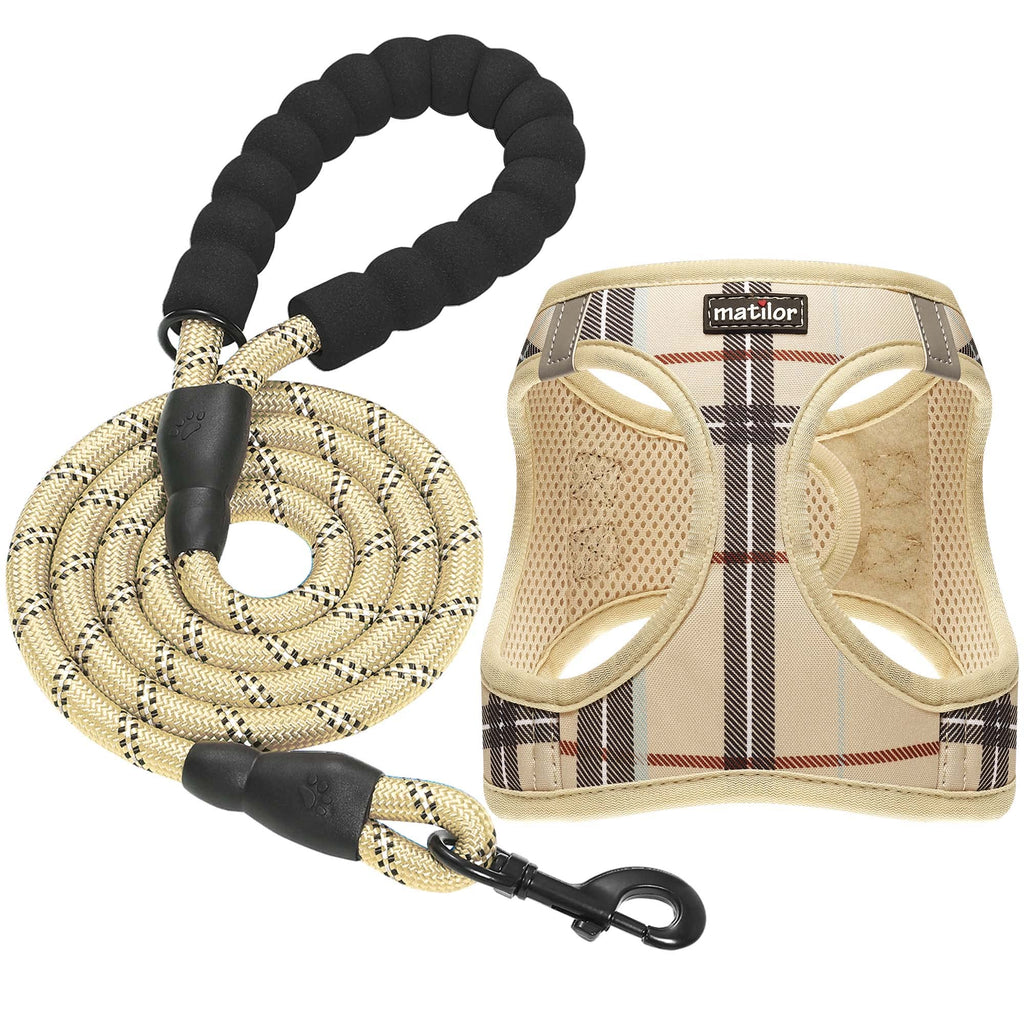 Matilor Step-In Dog Harness – Breathable Air Mesh Vest with Leash for Small Dogs (Beige Plaid, X-Small)