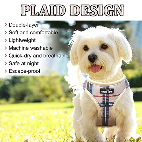 Matilor Step-In Dog Harness – Breathable Air Mesh Vest with Leash for Small Dogs (Beige Plaid, X-Small)