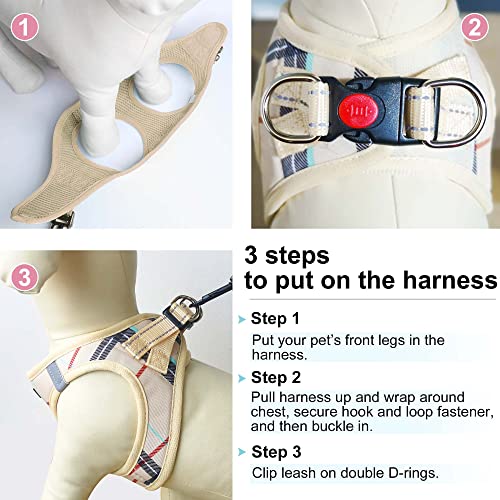 Matilor Step-In Dog Harness – Breathable Air Mesh Vest with Leash for Small Dogs (Beige Plaid, X-Small)