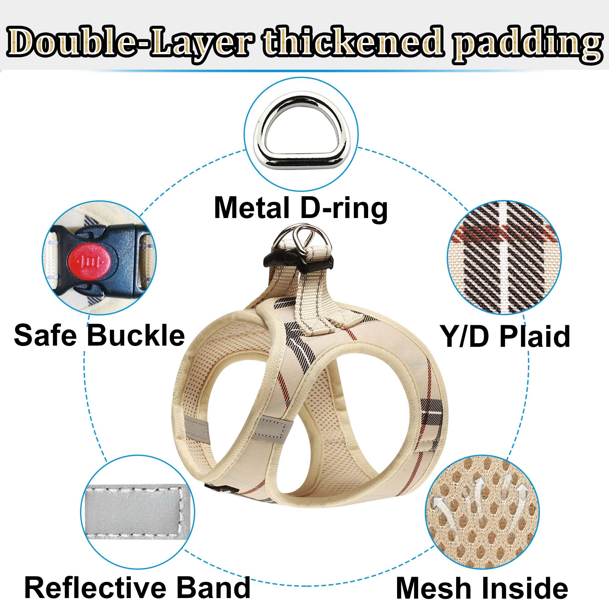 Matilor Step-In Dog Harness – Breathable Air Mesh Vest with Leash for Small Dogs (Beige Plaid, X-Small)