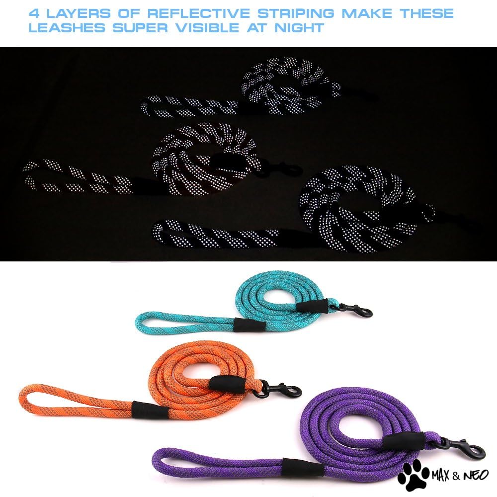 Max and Neo 6ft Reflective Rope Dog Leash (Black) - 1:1 Donation to Rescue