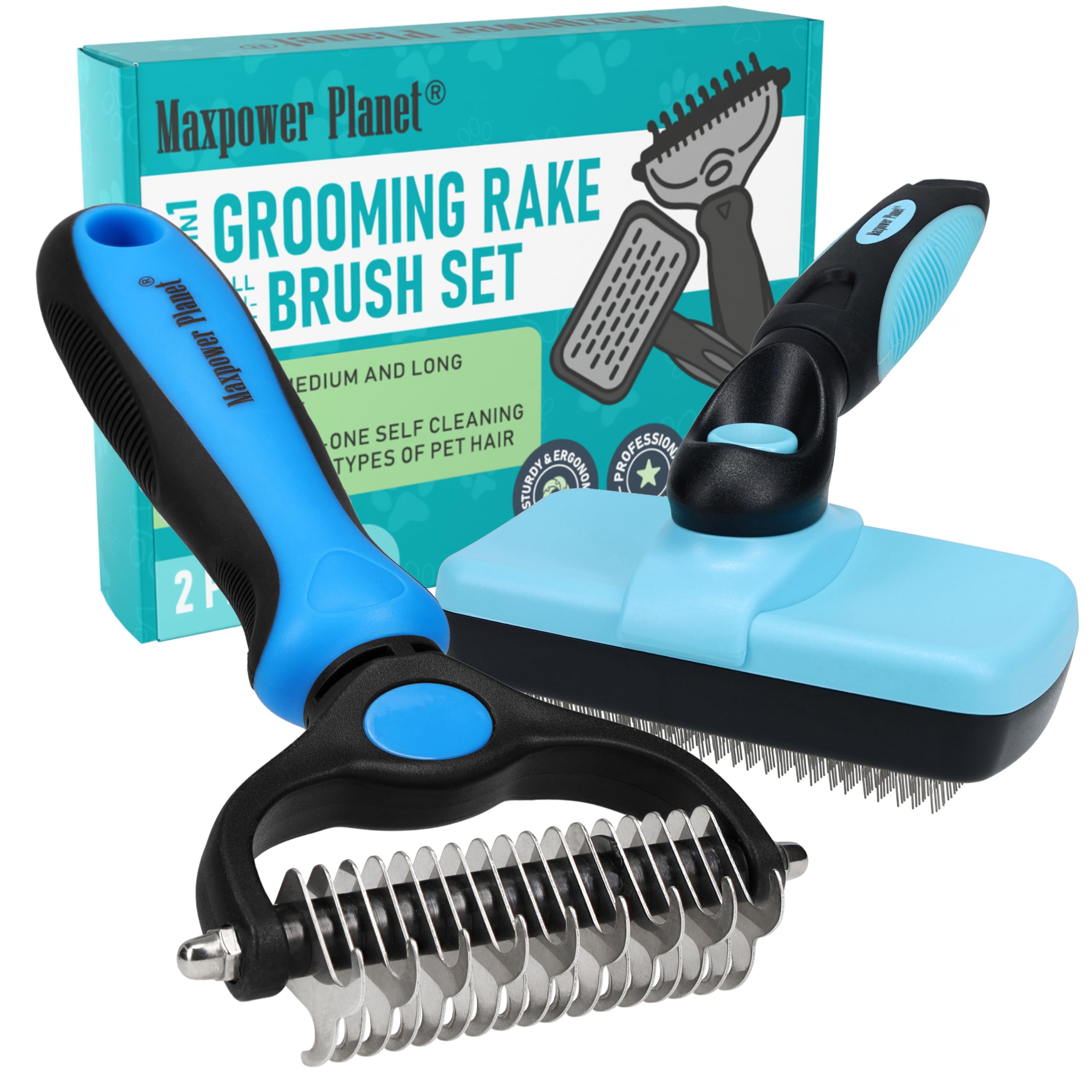Maxpower Planet Dog Rake and Dog Hair Brush – Self-Cleaning Deshedding Grooming Tool for Dogs & Cats, All Hair Types
