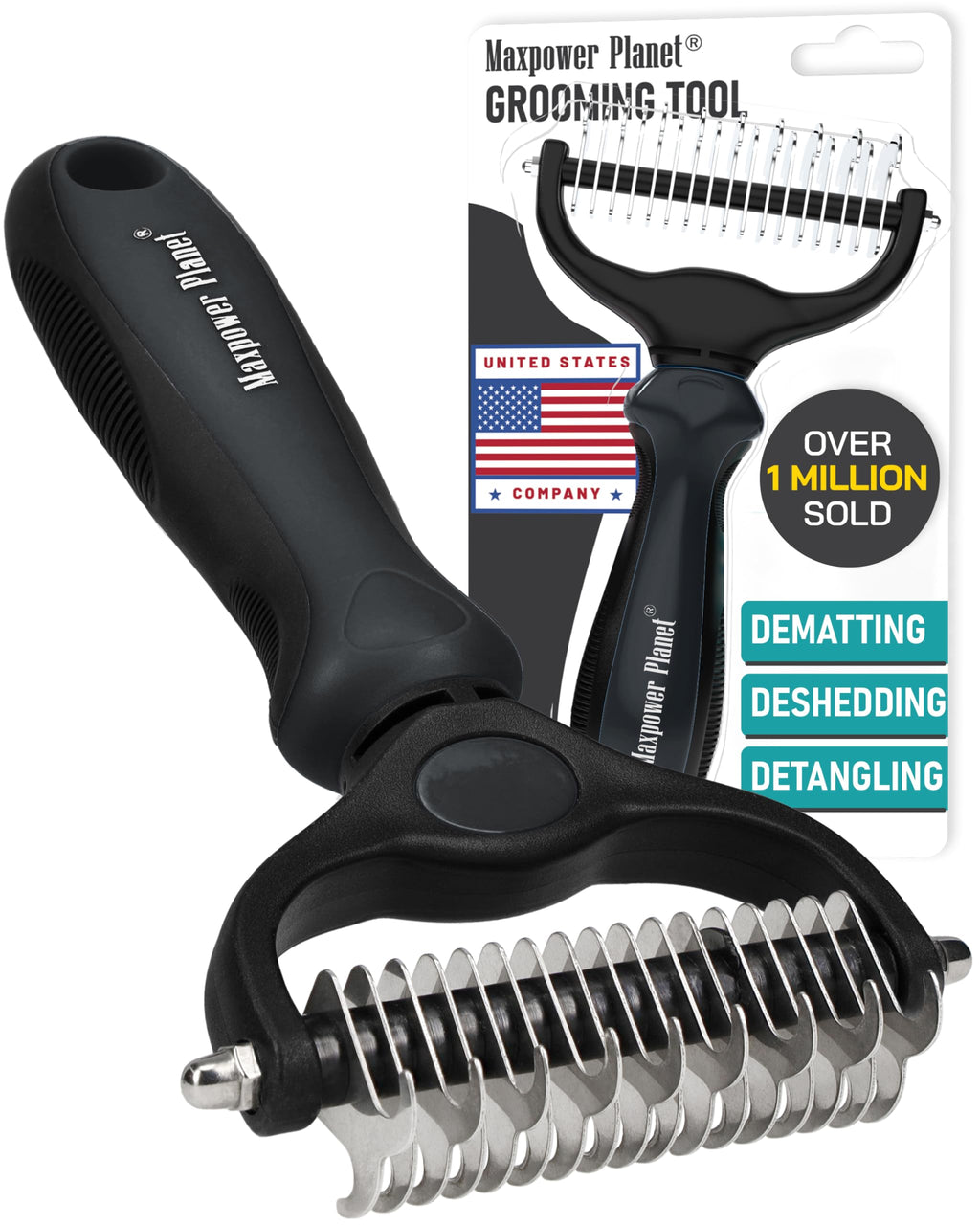 Maxpower Planet Double Sided Pet Hair Brush – Dematting & Deshedding Rake for Dogs and Cats with Thick Coats, Black