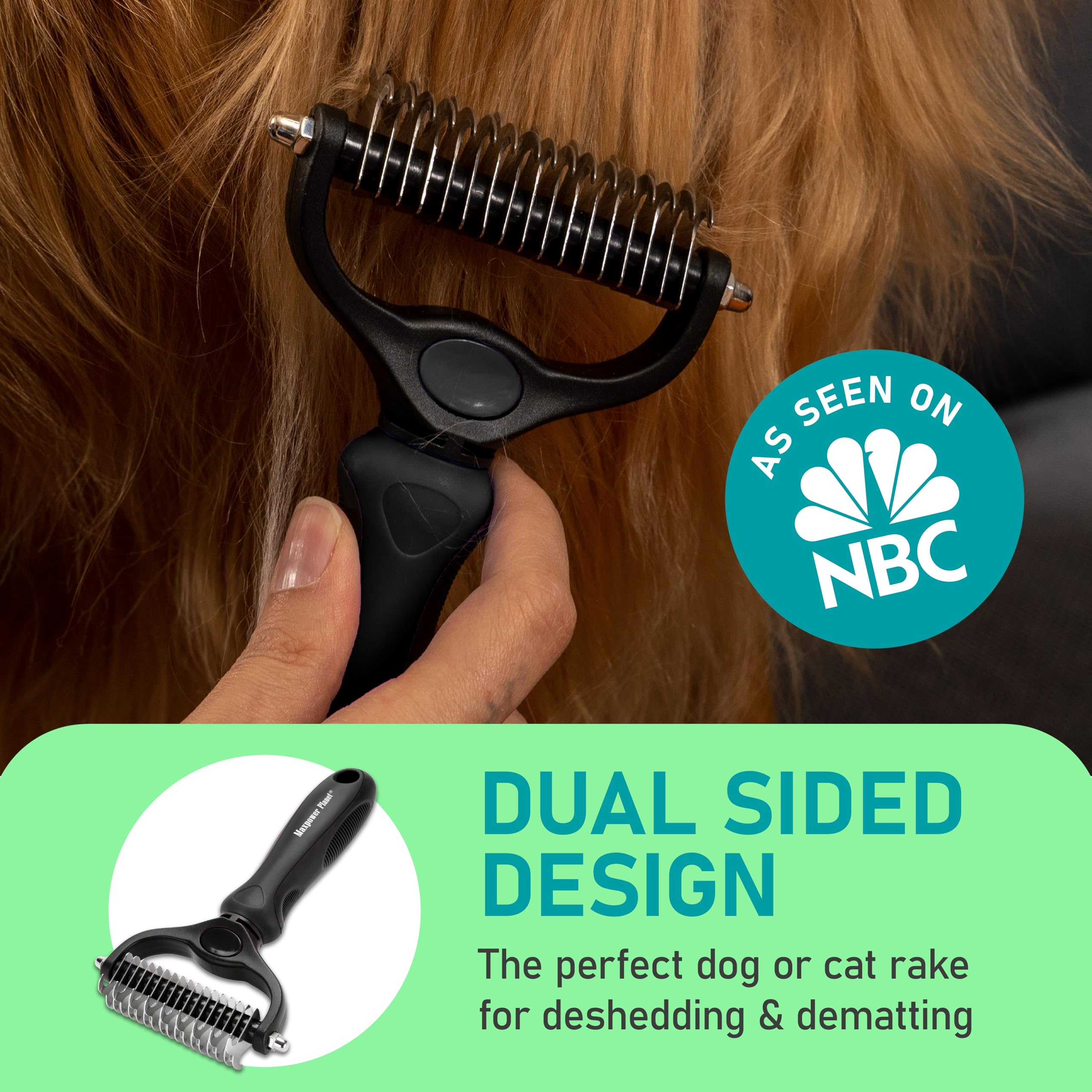 Maxpower Planet Double Sided Pet Hair Brush – Dematting & Deshedding Rake for Dogs and Cats with Thick Coats, Black