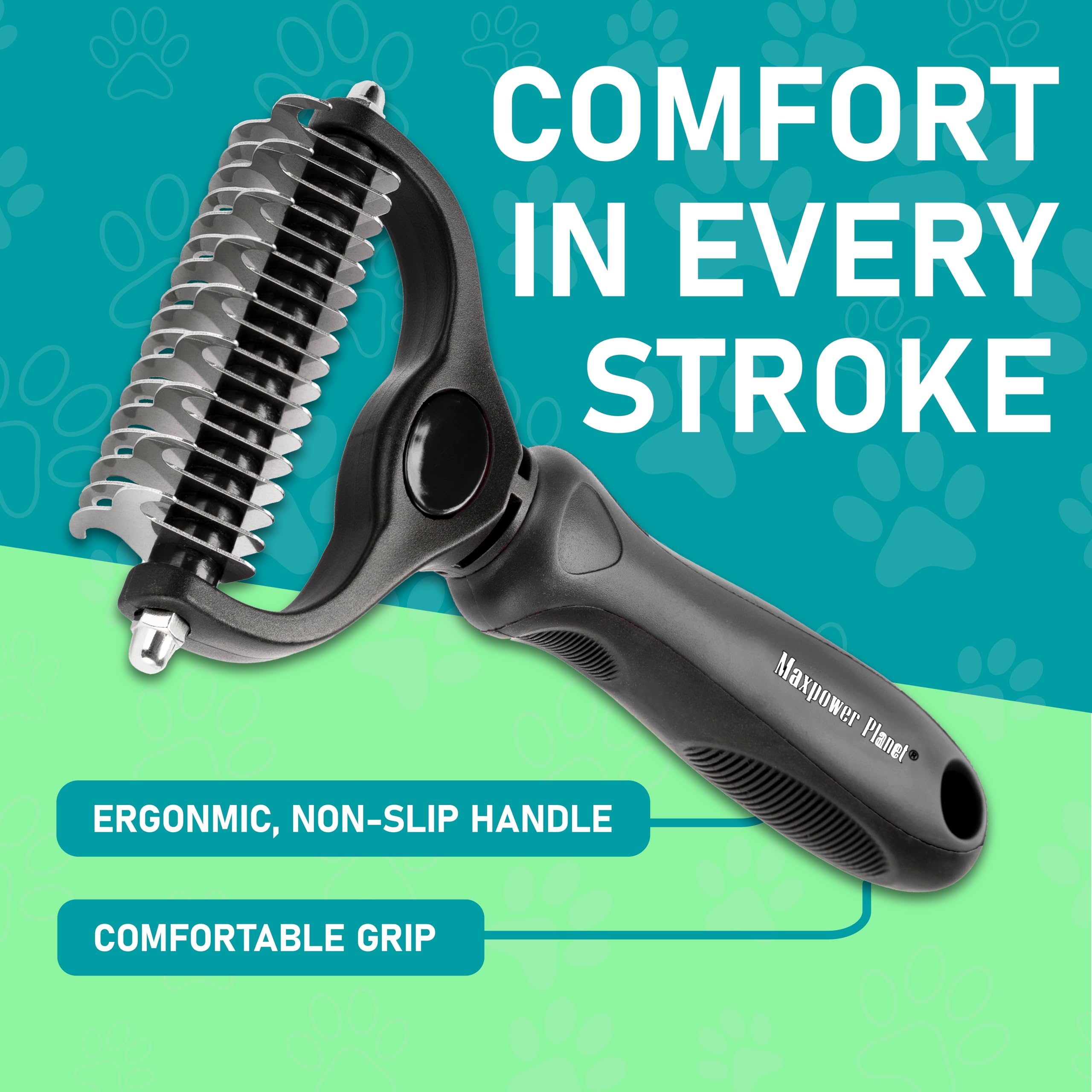 Maxpower Planet Double Sided Pet Hair Brush – Dematting & Deshedding Rake for Dogs and Cats with Thick Coats, Black
