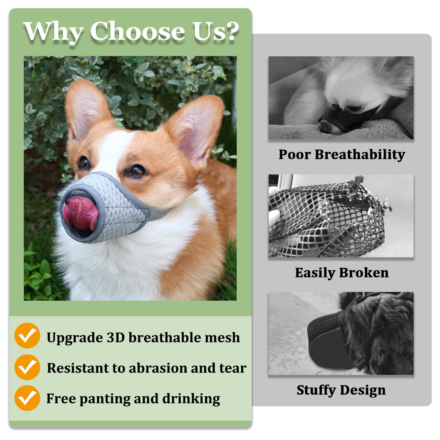 Mayerzon Grey Soft Mesh Dog Muzzle for Medium Dogs – Adjustable, Breathable for Grooming & Training