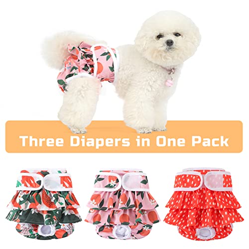 Mengelina Reusable Dog Diapers for Females – 3 Pack, Medium, Fleece, Fruit Print – Absorbent & Leak-Proof for Heat, Incontinence, Training