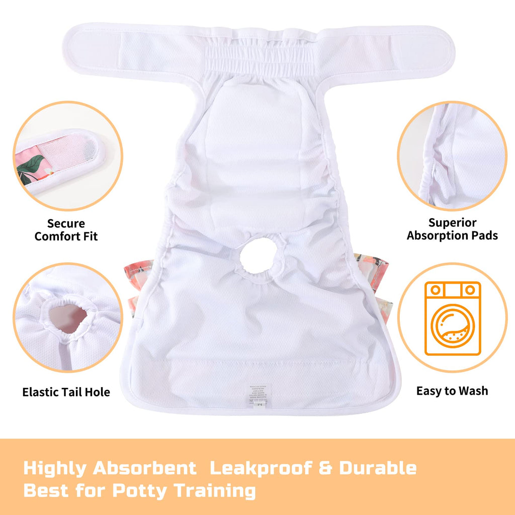 Mengelina Reusable Dog Diapers for Females – 3 Pack, Medium, Fleece, Fruit Print – Absorbent & Leak-Proof for Heat, Incontinence, Training