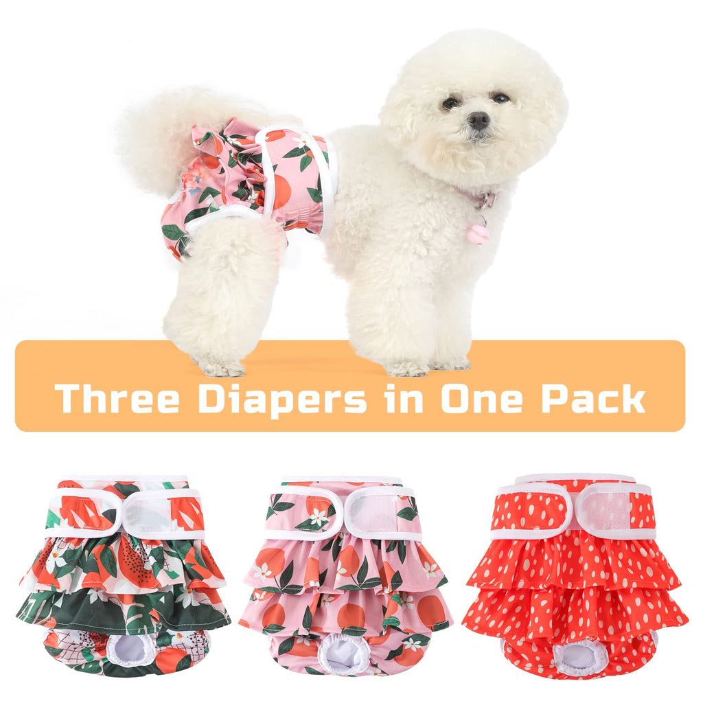 Mengelina Reusable Dog Diapers for Females – 3 Pack, Medium, Fleece, Fruit Print – Absorbent & Leak-Proof for Heat, Incontinence, Training