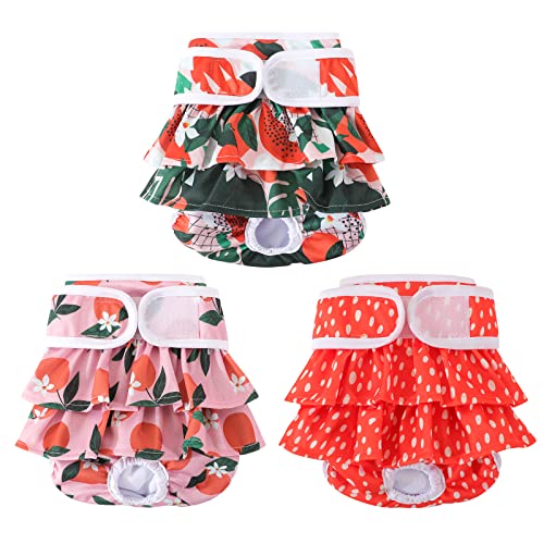 Mengelina Reusable Dog Diapers for Females – 3 Pack, Medium, Fleece, Fruit Print – Absorbent & Leak-Proof for Heat, Incontinence, Training