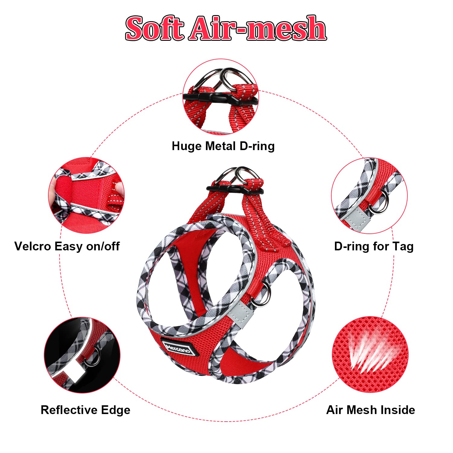 Mercano Soft Mesh Dog Harness and Leash Set – Step-in Reflective Vest for Small Dogs, Red XL