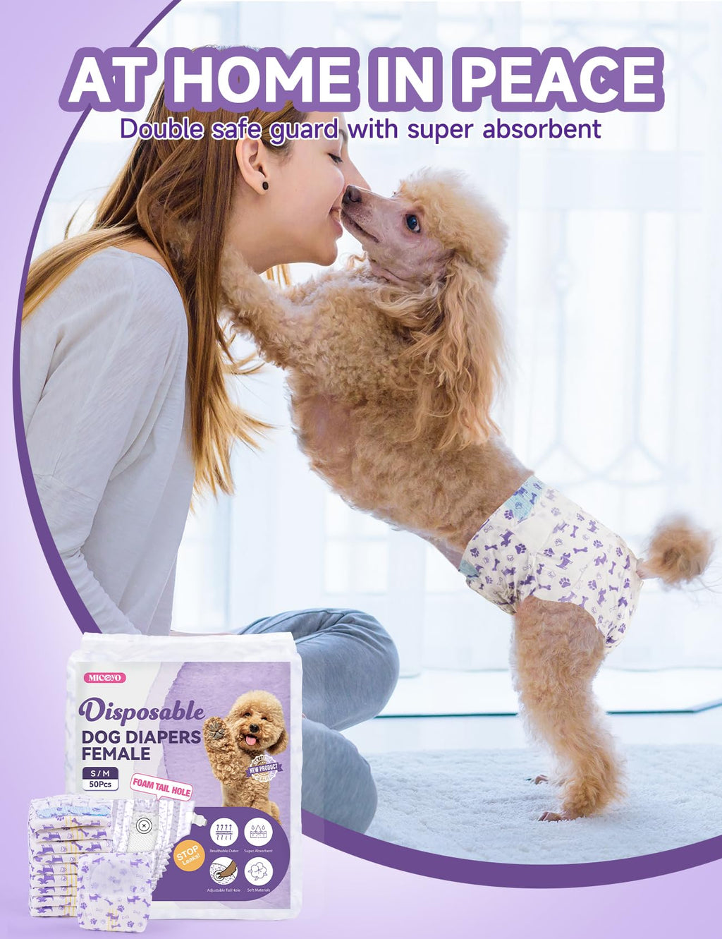 MICOOYO Disposable Dog Diapers for Female Dogs – Small 20 Count with Foam Tail Hole and Wetness Indicator
