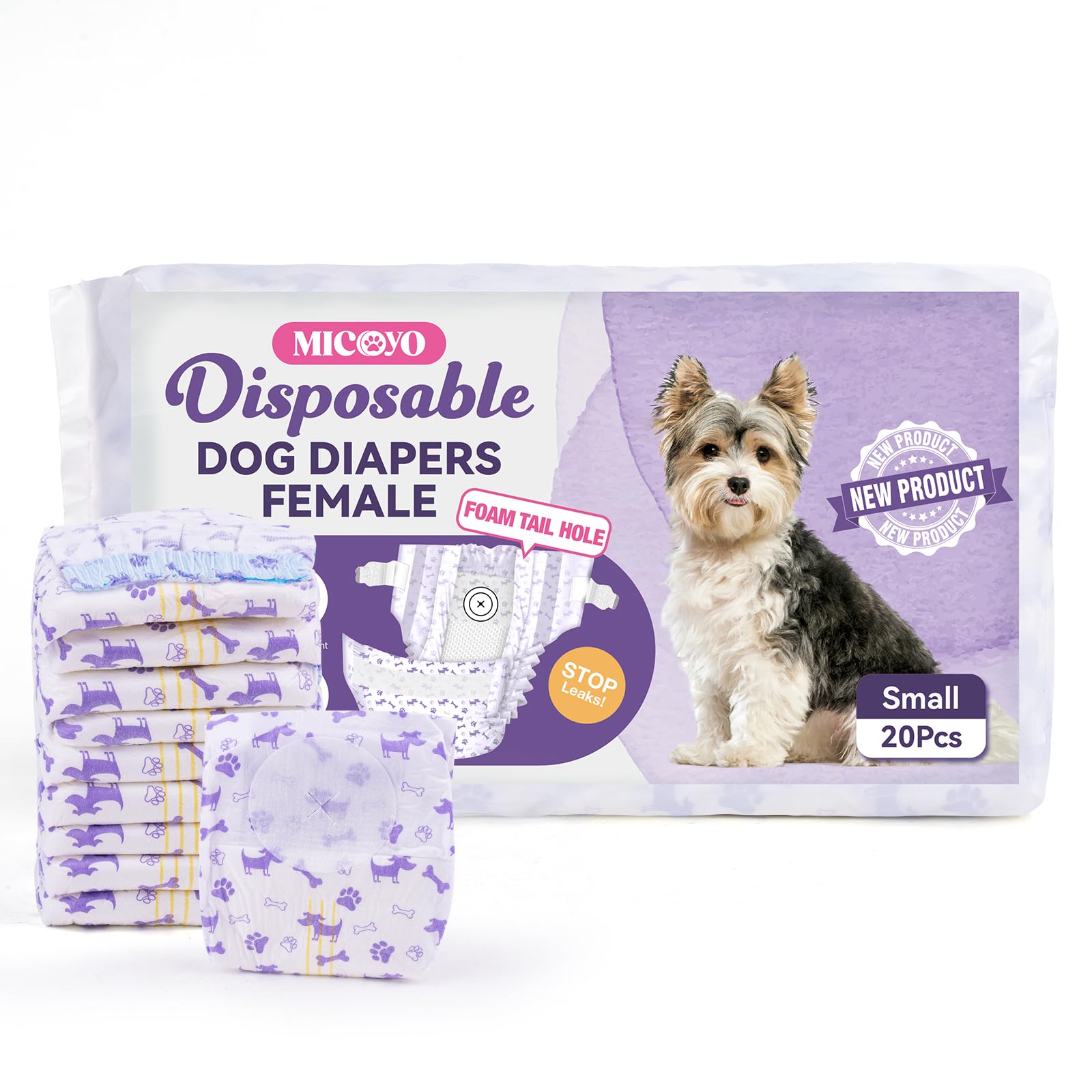 MICOOYO Disposable Dog Diapers for Female Dogs – Small 20 Count with Foam Tail Hole and Wetness Indicator