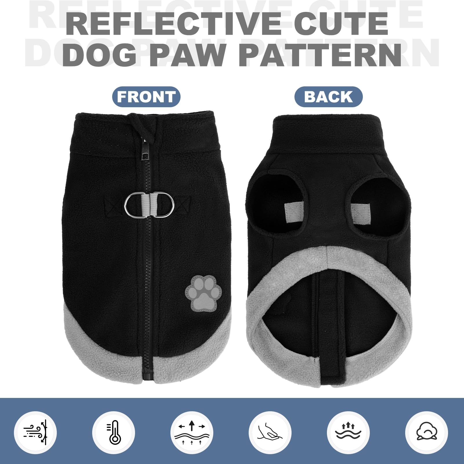 Mihachi Dog Fleece Vest with Zipper: Warm Reflective Coat for Small to Medium Dogs, Black Size Large