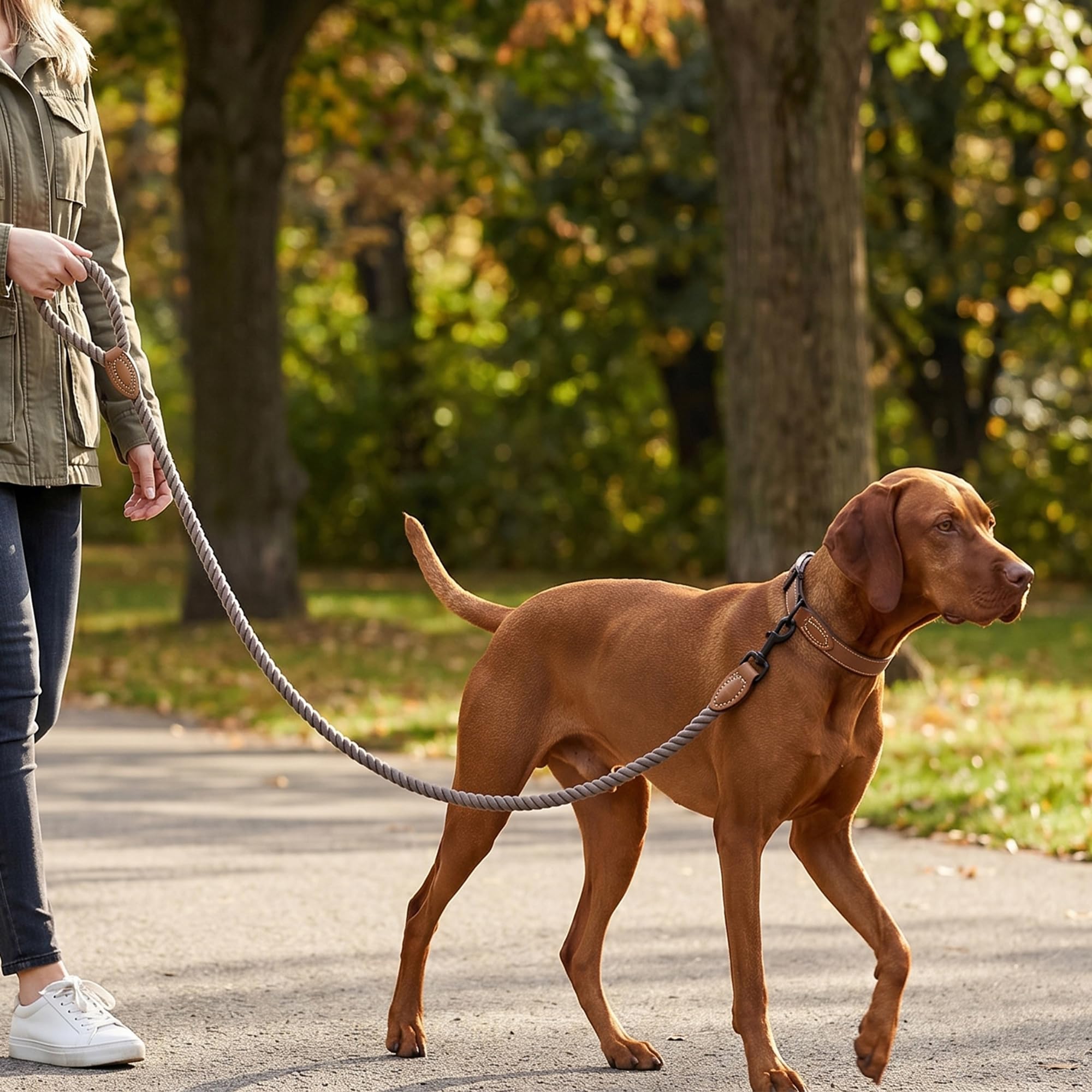 Mile High Life 6FT Braided Cotton Dog Leash with Leather Tip - Heavy Duty Clasp for Medium Large Dogs (Camel)