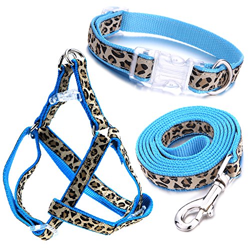 Mile High Life Blue Leopard Dog Harness, Collar, and Leash Set - No Pull Halter for Small Breeds, Size Medium