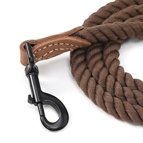 Mile High Life Braided Cotton Dog Leash - Dark Brown, 6FT, Leather Tip, Heavy-Duty Clasp