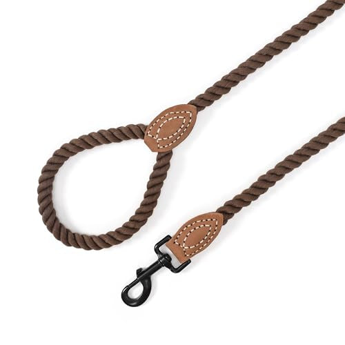 Mile High Life Braided Cotton Dog Leash - Dark Brown, 6FT, Leather Tip, Heavy-Duty Clasp