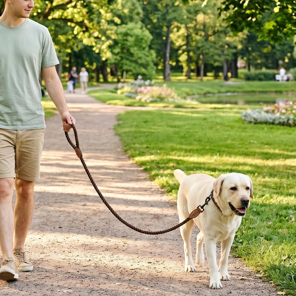 Mile High Life Braided Cotton Dog Leash - Dark Brown, 6FT, Leather Tip, Heavy-Duty Clasp