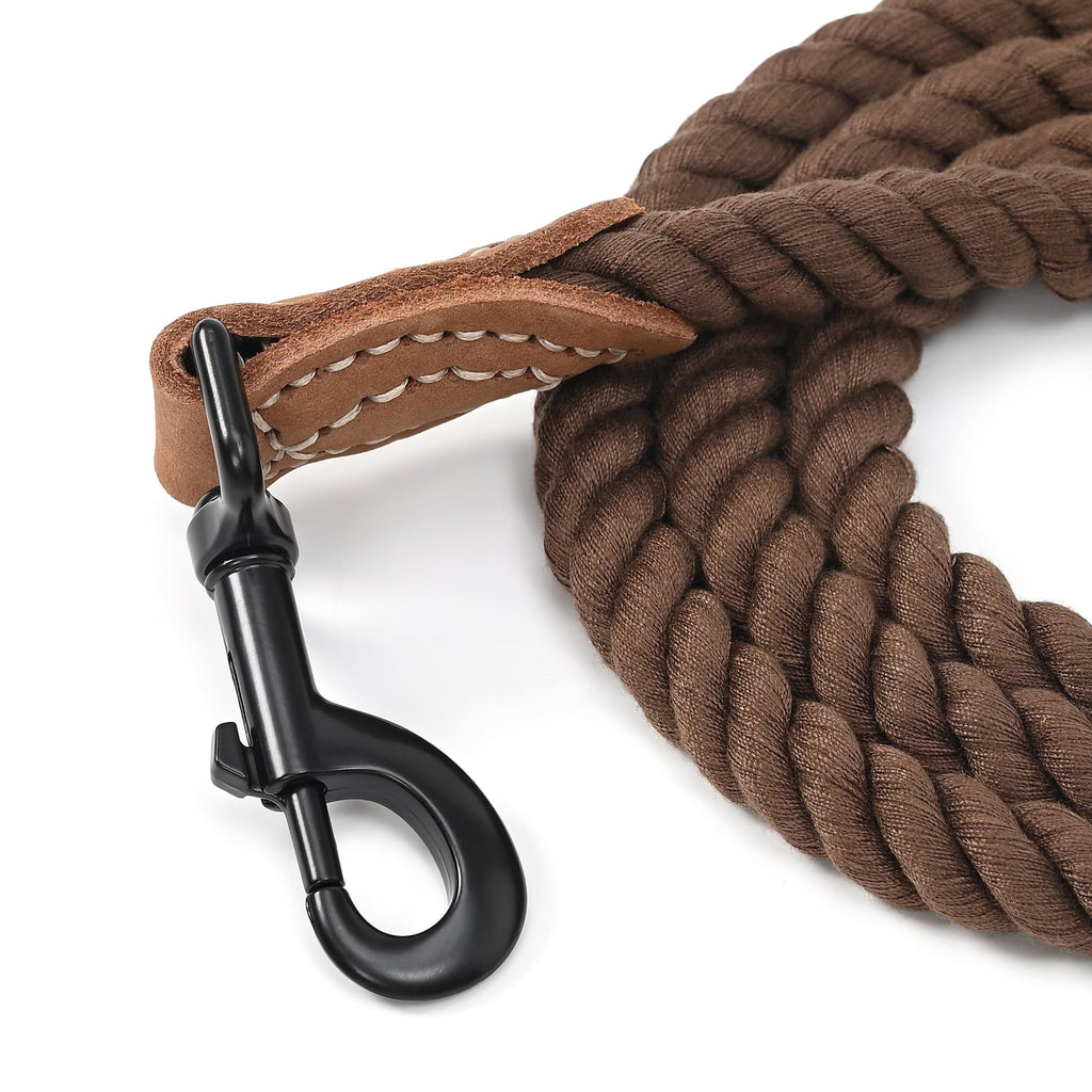 Mile High Life Braided Cotton Dog Leash - Dark Brown, 6FT, Leather Tip, Heavy-Duty Clasp