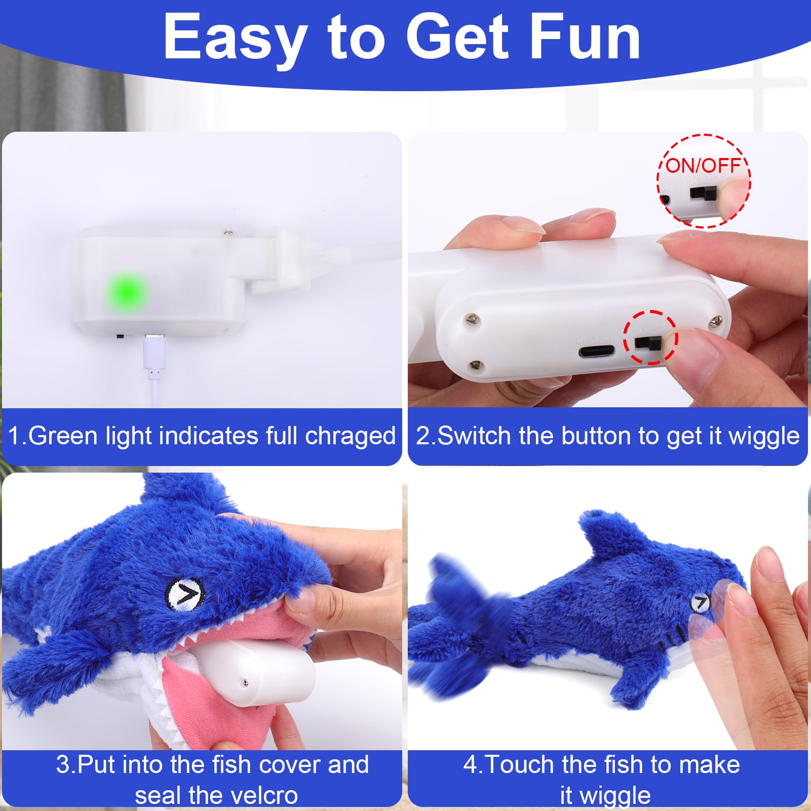 Mity rain 2-in-1 Interactive Shark Dog Toy – Squeaky Plush & Rechargeable Wiggly Fish for Small to Large Dogs