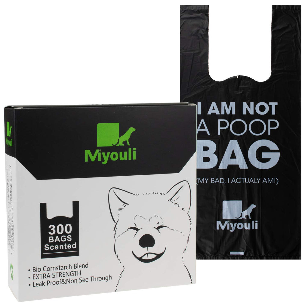 Miyouli 300 Count Extra Thick Black Dog Poop Bags with Handles – Ocean Wind Scented, Corn Starch, 18-Micron, Spillproof